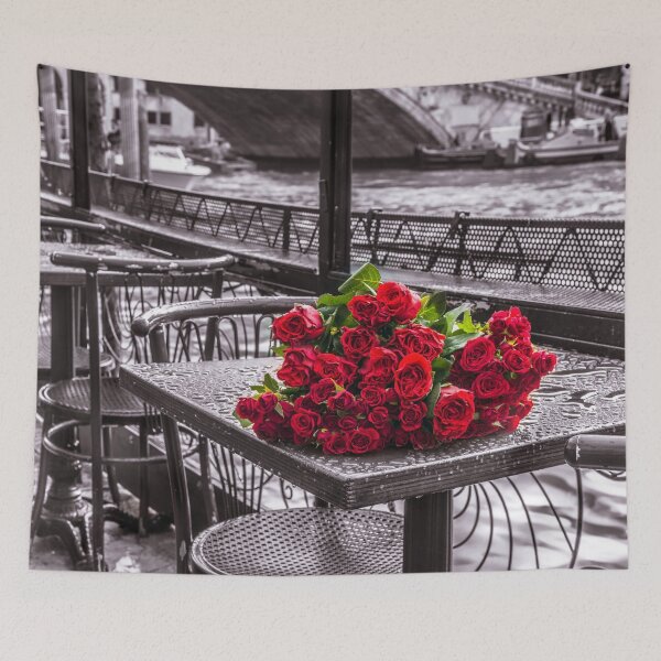Item preview, Bunch of red roses on street cafe table designed and sold by assaf.