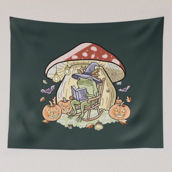 Item preview, Frog Reading Book Under Mushroom Halloween Spooky Cottagecore designed and sold by LeshanArt.