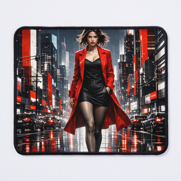 Item preview, Woman in Red Coat in Neon City – Cinematic Urban Fashion Art Print designed and sold by Kaleidoscope Print.