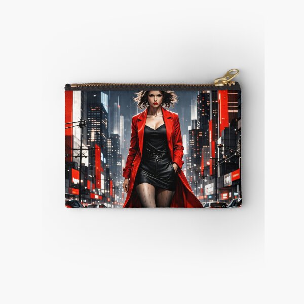 Item preview, Woman in Red Coat in Neon City – Cinematic Urban Fashion Art Print designed and sold by Kaleidoscope Print.