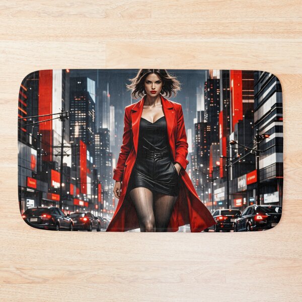 Item preview, Woman in Red Coat in Neon City – Cinematic Urban Fashion Art Print designed and sold by Kaleidoscope Print.