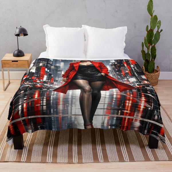 Item preview, Woman in Red Coat in Neon City – Cinematic Urban Fashion Art Print designed and sold by Kaleidoscope Print.