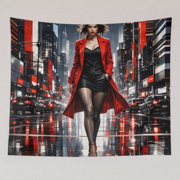 Item preview, Woman in Red Coat in Neon City – Cinematic Urban Fashion Art Print designed and sold by Kaleidoscope Print.