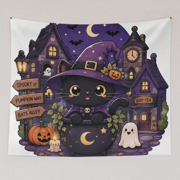 Item preview, Cute Black Cat Witch Halloween Kawaii Witch Cat In Cauldron Spooky Town designed and sold by Yellowriversss.