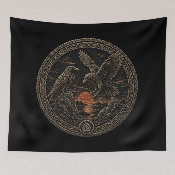 Item preview, Huginn and Muninn at the Red Sun – Norse Raven Medallion designed and sold by OblivionRise.