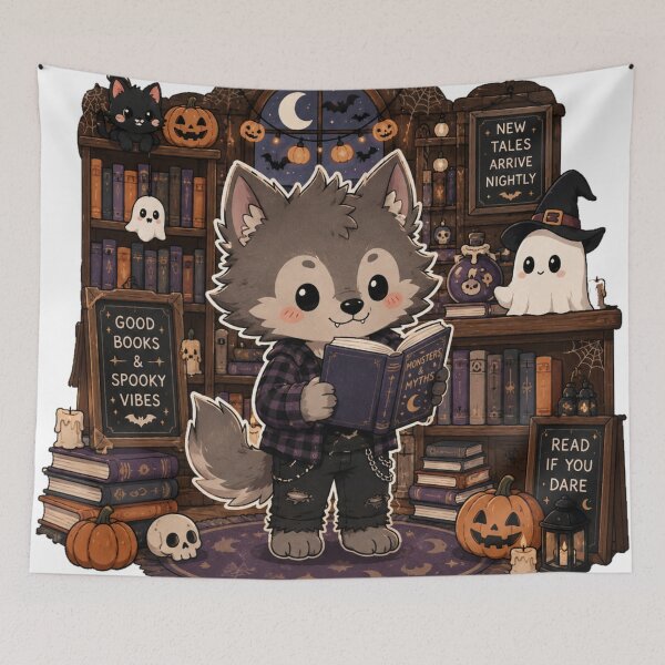 Item preview, Bookish Halloween Werewolf Spooky Bookstore Good Books Spooky Vibes designed and sold by Yellowriversss.