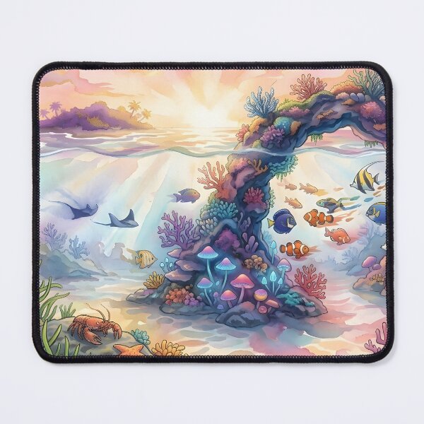 Item preview, Panoramic Split-Level Ocean & Coral Reef Wall Art Print | Sunset Above Water & Marine Life Below Canvas | Sea Turtle, Rays & Tropical Fish Poster | Watercolor Illustration Decor designed and sold by SergioMiklos.