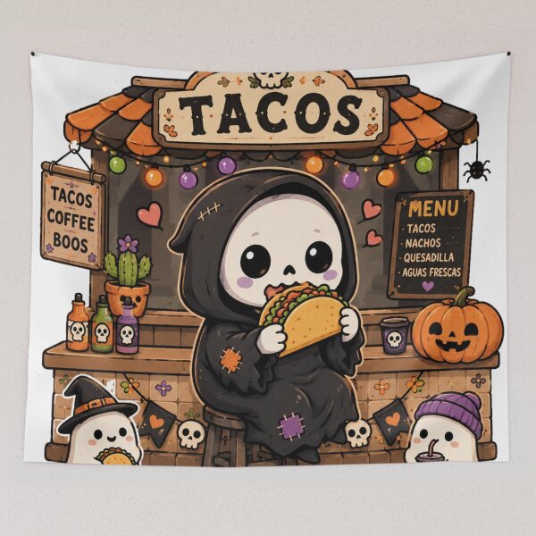 Item preview, Halloween Tacos Cute Grim Reaper Eating Tacos Spooky Food Truck designed and sold by Yellowriversss.