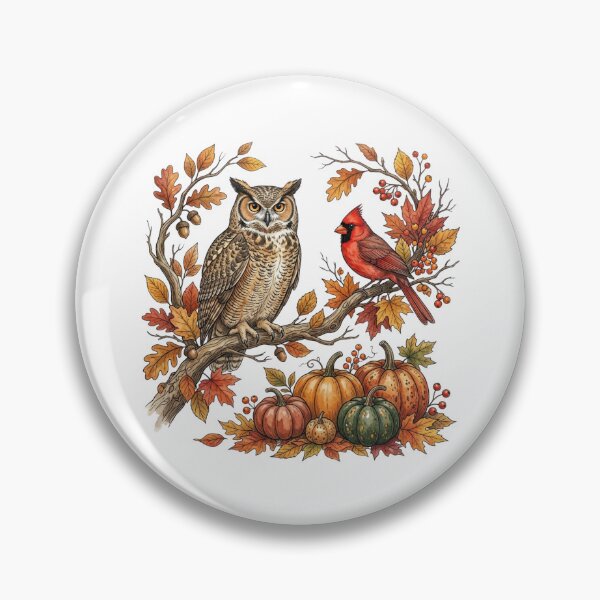 Item preview, Wise Owl and Red Cardinal Autumn Harvest Vintage Botanical Nature Illustration Cozy Fall designed and sold by raedattia.