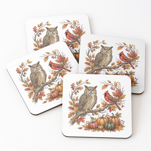 Item preview, Wise Owl and Red Cardinal Autumn Harvest Vintage Botanical Nature Illustration Cozy Fall designed and sold by raedattia.