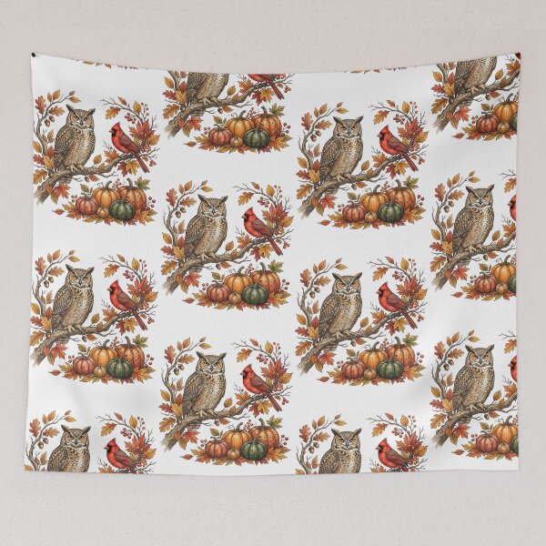 Item preview, Wise Owl and Red Cardinal Autumn Harvest Vintage Botanical Nature Illustration Cozy Fall designed and sold by raedattia.