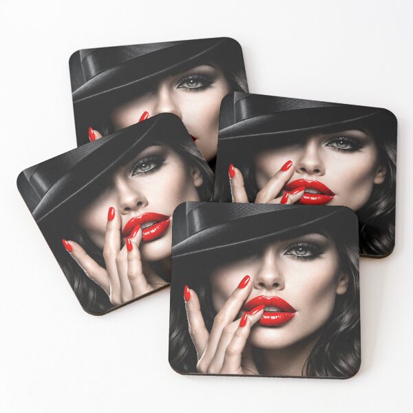 Item preview, Woman in Black Hat with Red Lips – Glamorous Noir Fashion Portrait Art Print designed and sold by Kaleidoscope Print.