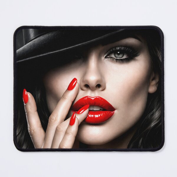 Item preview, Woman in Black Hat with Red Lips – Glamorous Noir Fashion Portrait Art Print designed and sold by Kaleidoscope Print.