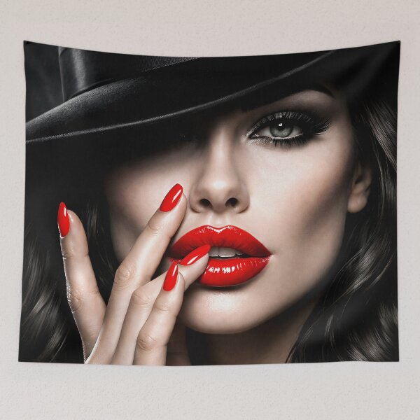 Item preview, Woman in Black Hat with Red Lips – Glamorous Noir Fashion Portrait Art Print designed and sold by Kaleidoscope Print.