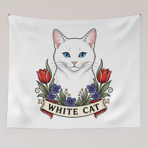 Item preview, White Cat Vintage Floral Tattoo Art designed and sold by Old's Cool Cat Studio.