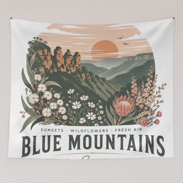 Item preview, Blue Mountains in Spring Australia Three Sisters Wildflower Sunset Travel  designed and sold by Yellowriversss.