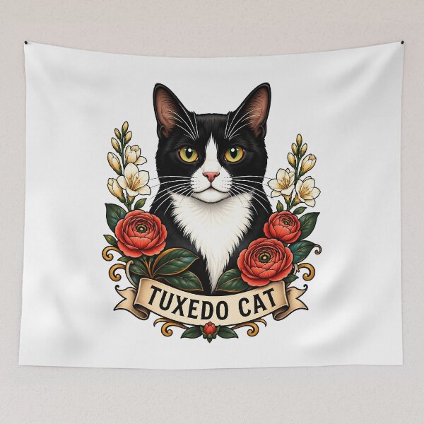 Item preview, Tuxedo Cat Yellow Roses Vintage Tattoo Art designed and sold by Old's Cool Cat Studio.