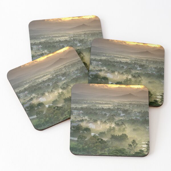 Item preview, Golden Misty Valley – Mountain Sunrise Over a Peaceful Green Landscape designed and sold by StyleForge Apparel.