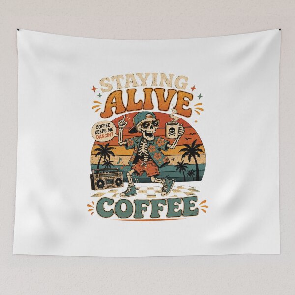 Item preview, Staying Alive Skeleton Coffee T-Shirt – Funny Retro Vintage Graphic Tee designed and sold by Artimax-Studio.