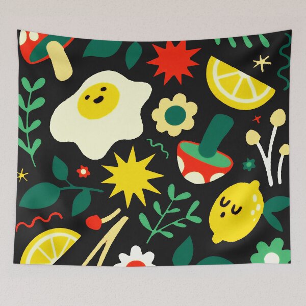 Item preview, Retro Groovy Food & Botanical Pattern - 70s Aesthetic Black Art Print designed and sold by Billy Morfo™.