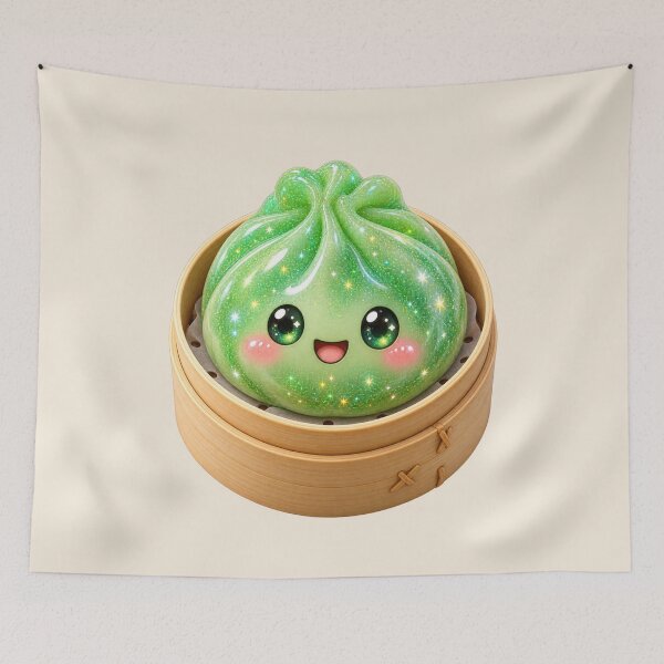 Item preview, Kawaii Sparkling Green Dumpling In A Bamboo Steamer | Cute Glitter Asian Bao Bun Food designed and sold by Moons Studio.