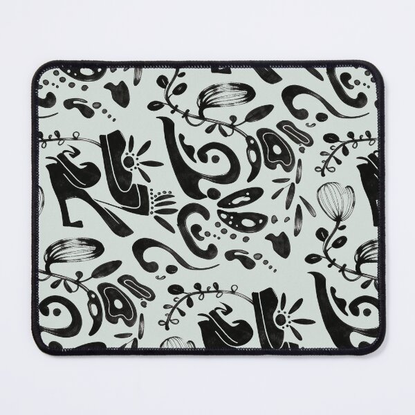 Aperçu de l'œuvre Motif floral folklorique fantaisiste à l'encre noire, vert menthe pâle créée et vendue par wissal.studio.
