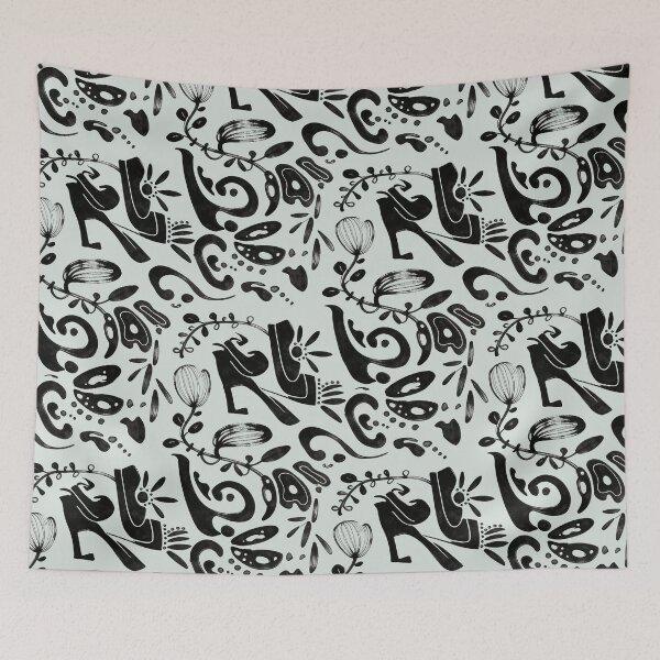 Item preview, Pale Mint Whimsical Black Ink Folk Floral Pattern designed and sold by wissal.studio.
