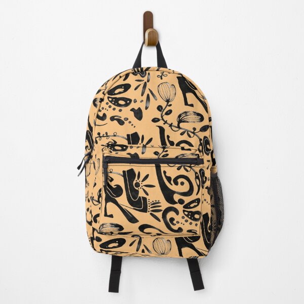 Item preview, Warm Apricot Whimsical Black Ink Folk Floral Pattern designed and sold by wissal.studio.