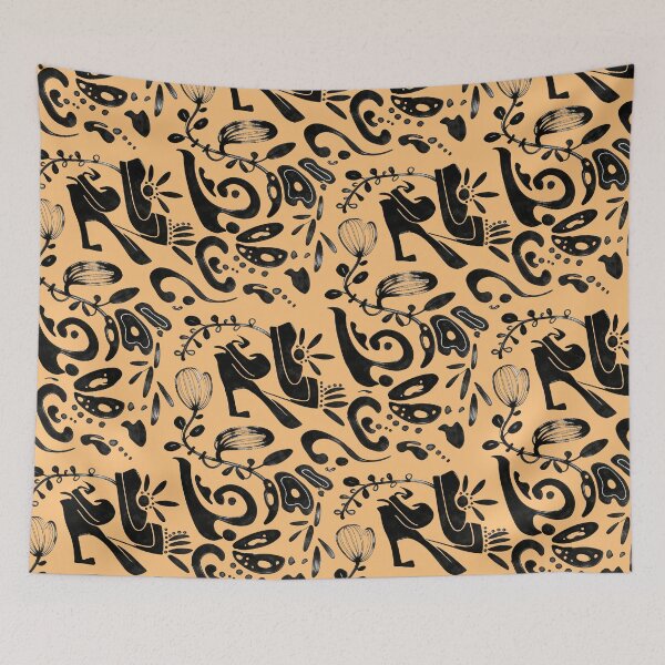 Item preview, Warm Apricot Whimsical Black Ink Folk Floral Pattern designed and sold by wissal.studio.