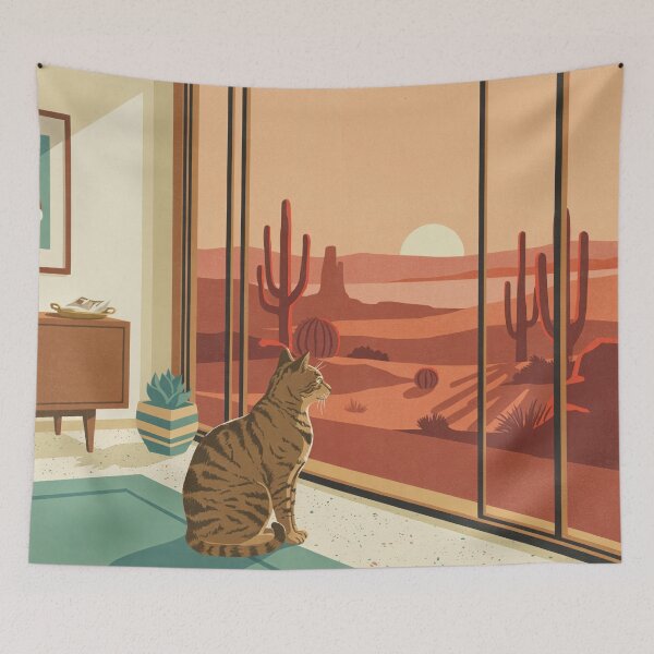 Item preview, Desert Modern Window Cat – Mid-Century Modern Cat & Desert Sunset Wall Art designed and sold by Tamas Das.