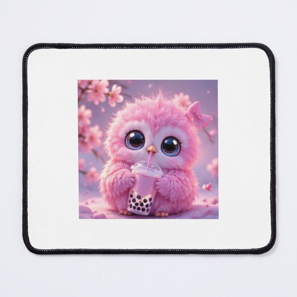 Item preview, Cute Pink Fluffy Bird with Boba Tea designed and sold by ThilankaDesign.