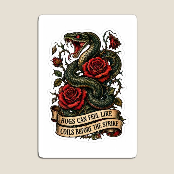 Item preview, Hugs Can Feel Like Coils Before The Strike - Edgy Traditional Snake & Roses Quote Sticker designed and sold by Saniyamirza07.