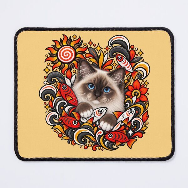 Item preview, Birman Cat Folk Art - Psychedelic Sun & Fishes Graphic Pattern designed and sold by PixelsPaws.
