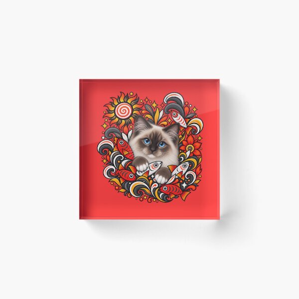Item preview, Birman Cat Folk Art - Psychedelic Sun & Fishes Graphic Pattern designed and sold by PixelsPaws.