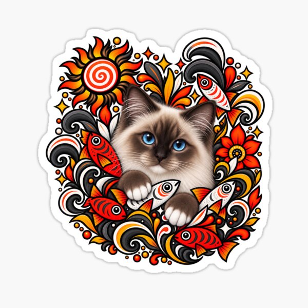 Item preview, Birman Cat Folk Art - Psychedelic Sun & Fishes Graphic Pattern designed and sold by PixelsPaws.