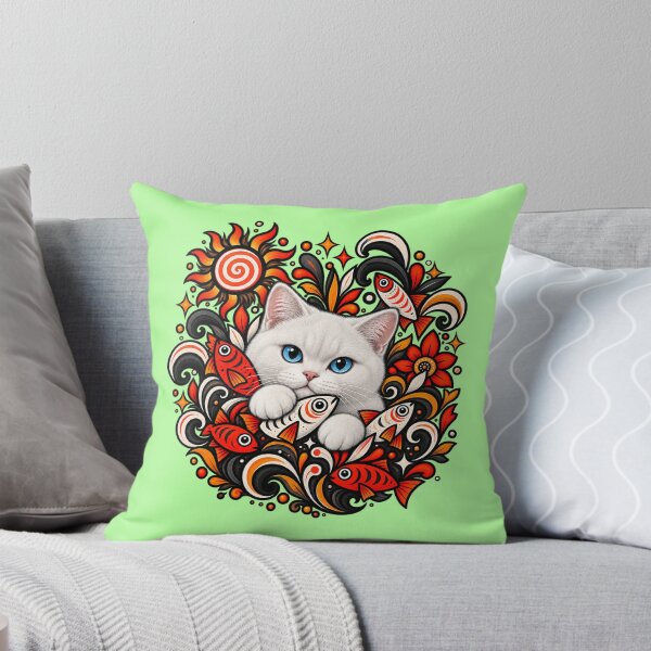 Item preview, White Cat Folk Art - Psychedelic Sun & Fishes Graphic Pattern designed and sold by PixelsPaws.