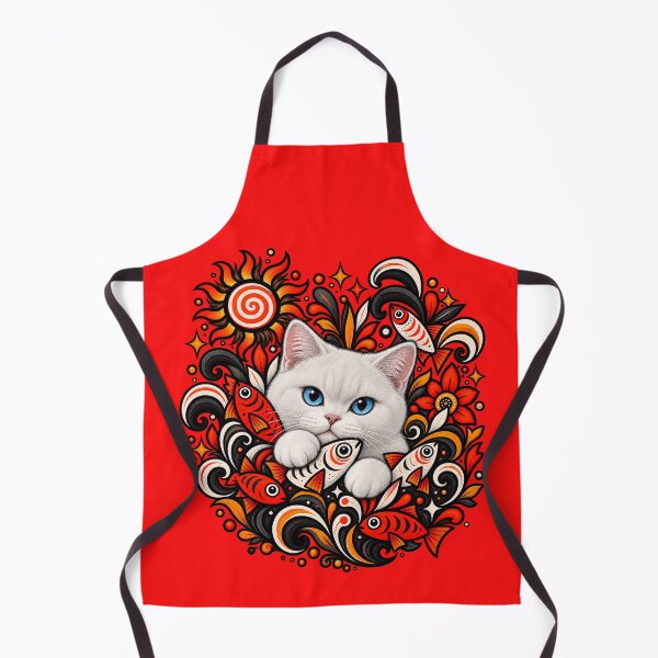 Item preview, White Cat Folk Art - Psychedelic Sun & Fishes Graphic Pattern designed and sold by PixelsPaws.