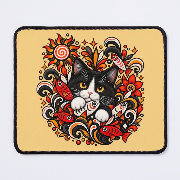 Item preview, Tuxedo Cat Folk Art - Psychedelic Sun & Fishes Graphic Pattern designed and sold by PixelsPaws.