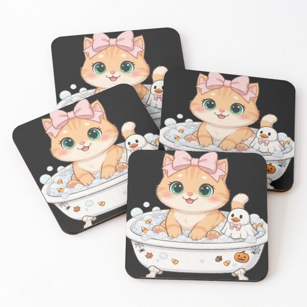 Item preview, Cute Halloween Bathtub Cat With Ghost Duck designed and sold by Moody Vibes Studio.