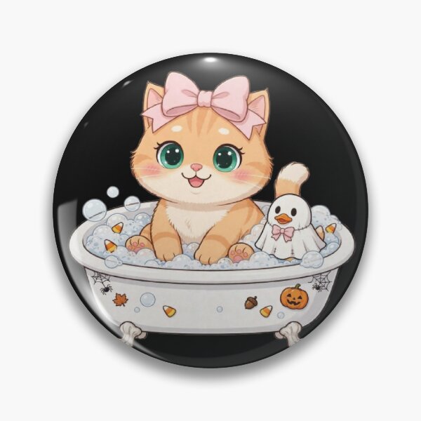 Item preview, Cute Halloween Bathtub Cat With Ghost Duck designed and sold by Moody Vibes Studio.