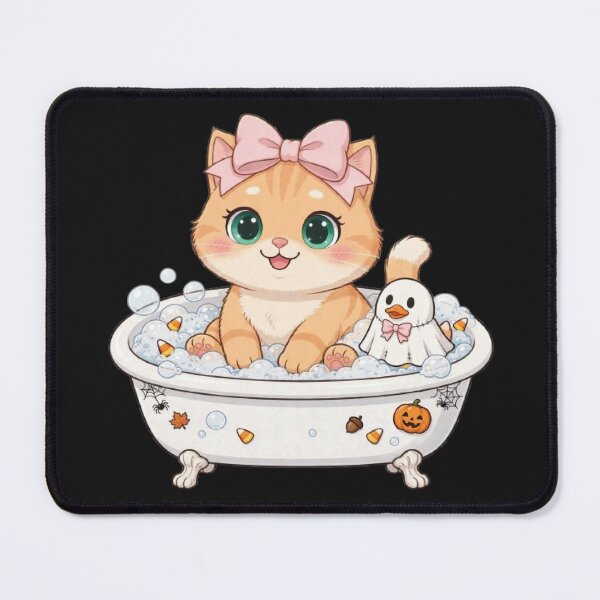 Item preview, Cute Halloween Bathtub Cat With Ghost Duck designed and sold by Moody Vibes Studio.