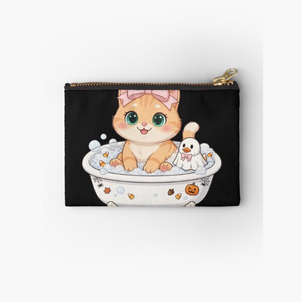 Item preview, Cute Halloween Bathtub Cat With Ghost Duck designed and sold by Moody Vibes Studio.