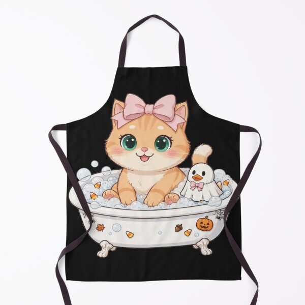 Item preview, Cute Halloween Bathtub Cat With Ghost Duck designed and sold by Moody Vibes Studio.
