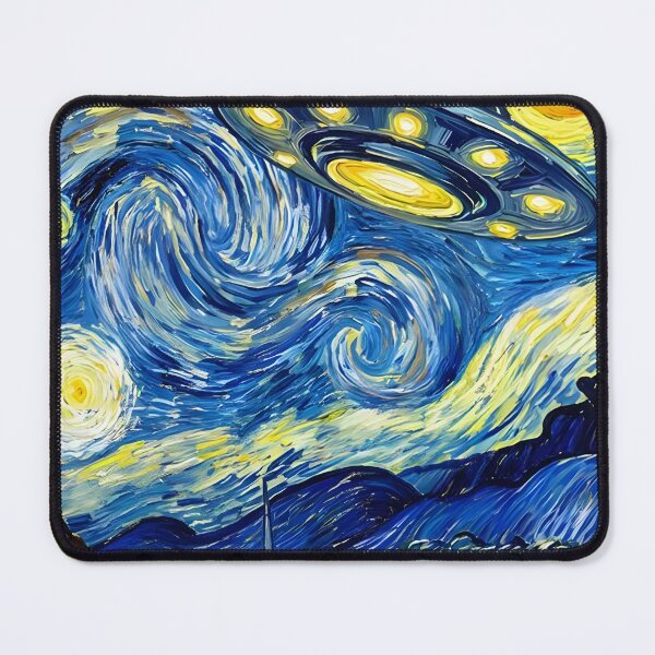 Item preview, Cosmic Night Journey Retro UFO Over a Starry Village designed and sold by AbernathyZella.