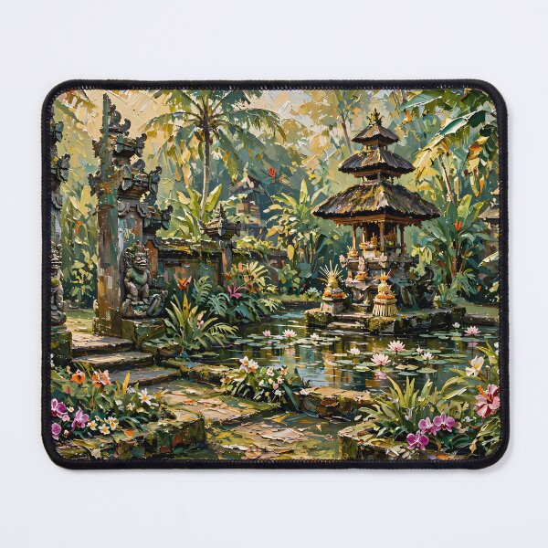 Item preview, Bali Temple Garden And Lotus Pond - Tropical Jungle Painting designed and sold by Jozefin's Studio.