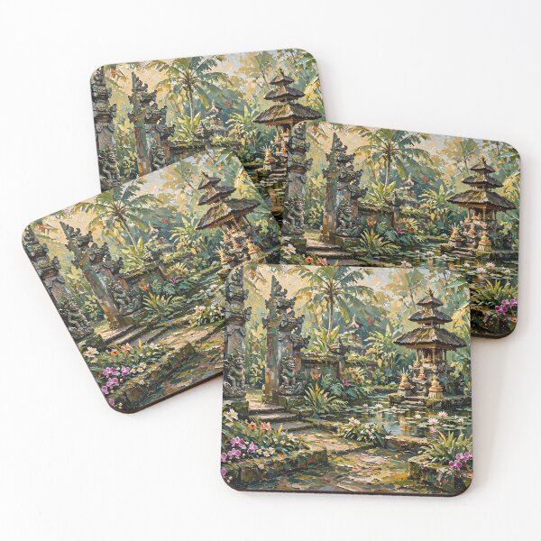 Item preview, Bali Temple Garden And Lotus Pond - Tropical Jungle Painting designed and sold by Jozefin's Studio.