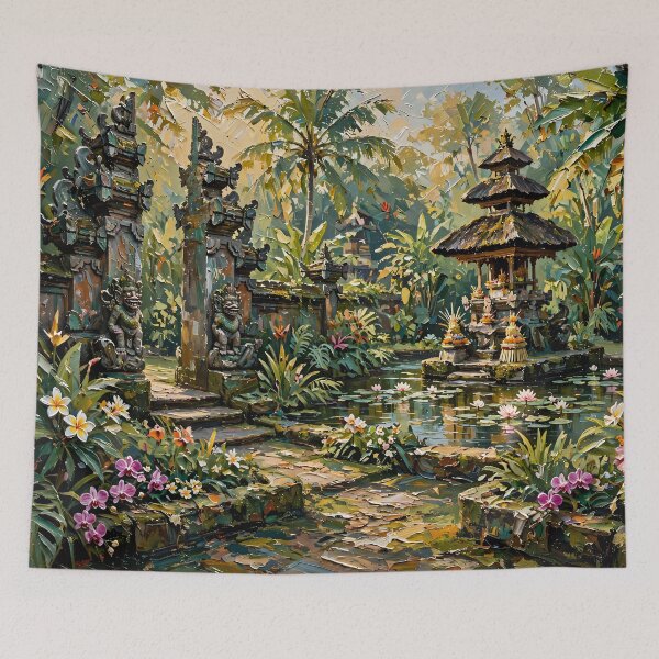 Item preview, Bali Temple Garden And Lotus Pond - Tropical Jungle Painting designed and sold by Jozefin's Studio.