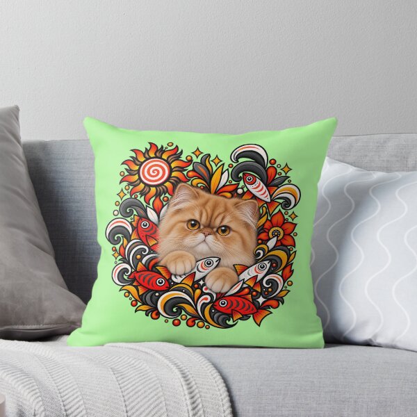 Aperçu de l'œuvre Art populaire du chat persan - Motif graphique psychédélique soleil et poissons créée et vendue par PixelsPaws.