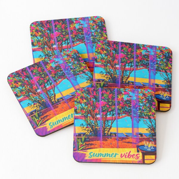 Item preview, Summer vibes colourful scenery of beach and sea thru purple curtains and flowers  designed and sold by wallartofmio.