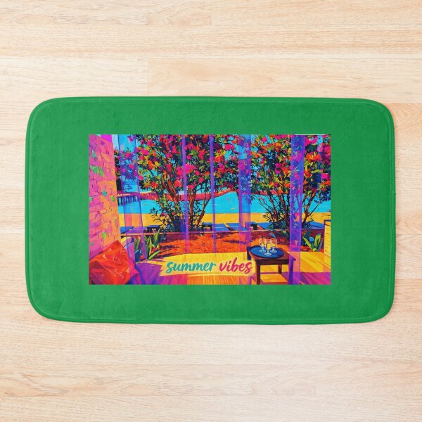 Item preview, Summer vibes colourful scenery of beach and sea thru purple curtains and flowers  designed and sold by wallartofmio.